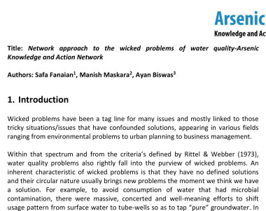 Network approach to the wicked problems of water quality-Arsenic Knowledge and Action Network