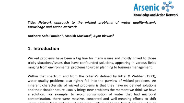 Network approach to the wicked problems of water quality-Arsenic Knowledge and Action Network