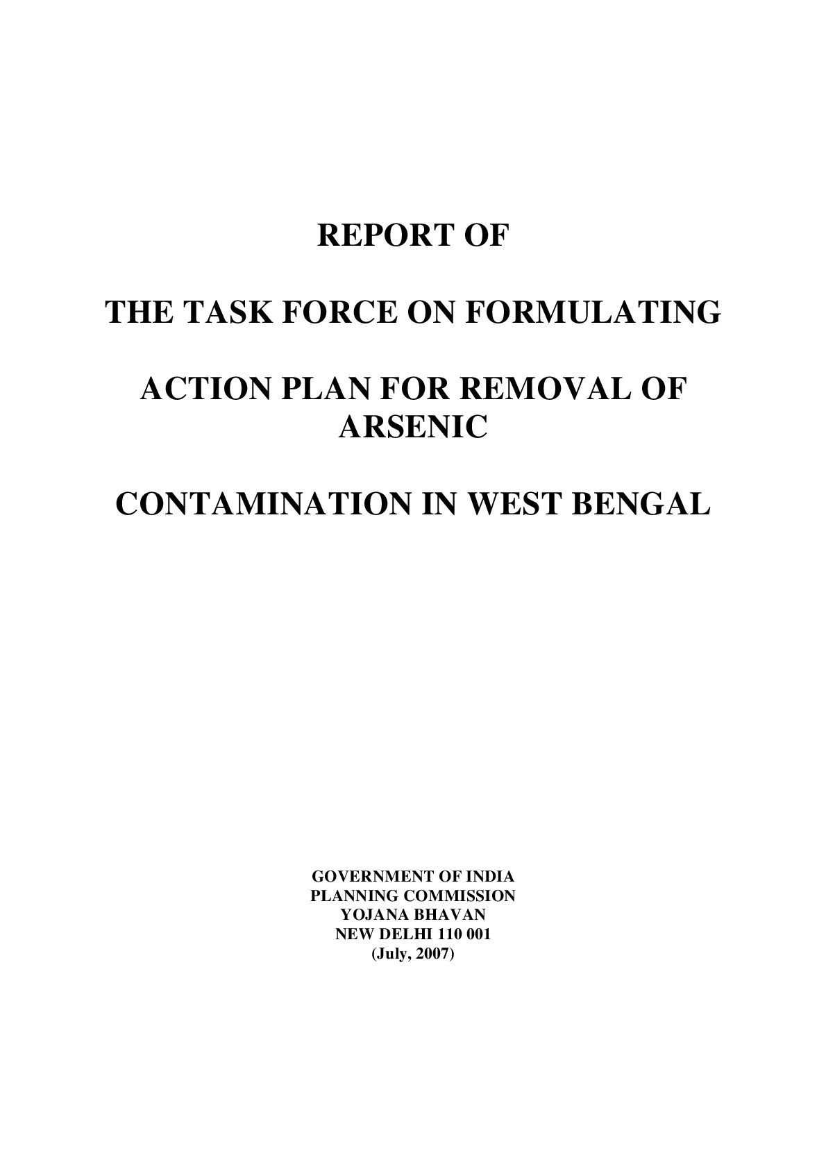 Report of The Task Force on Formulating Action Plan for Removal of Arsenic Contamination